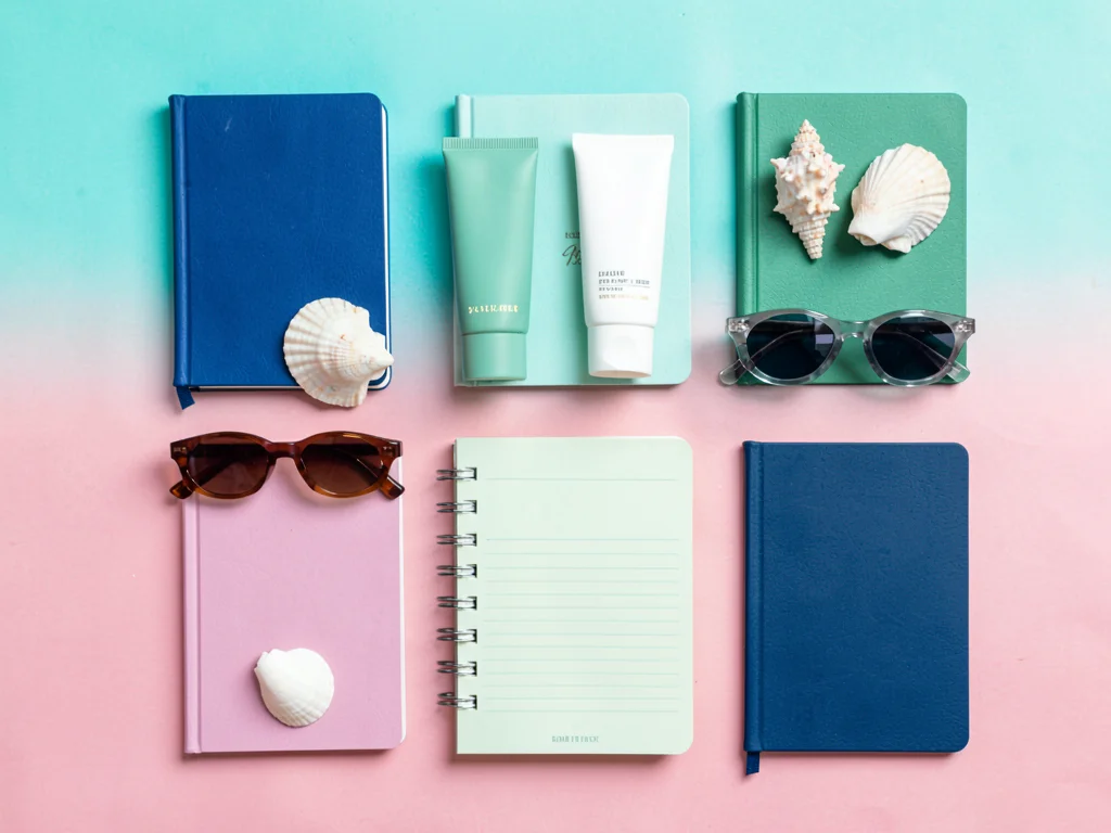 Tightly packed knolling summer travel kit flat-lay with passport-shaped notebook