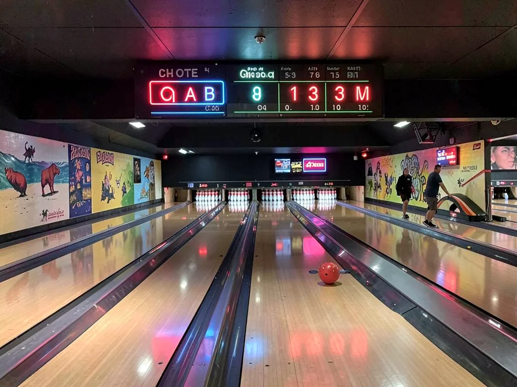 Bowling alley with neon scoring