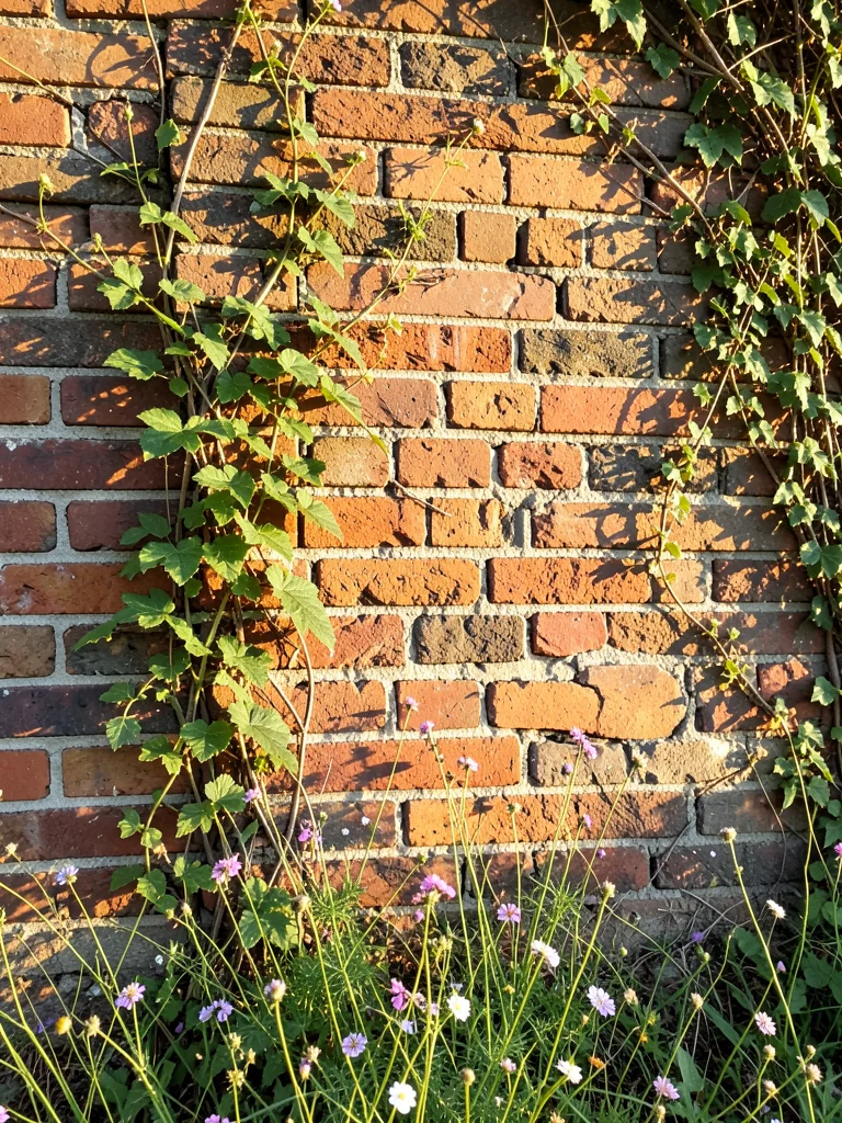 Old brick wall with vines and wildflowers growing through cracks, afternoon ligh