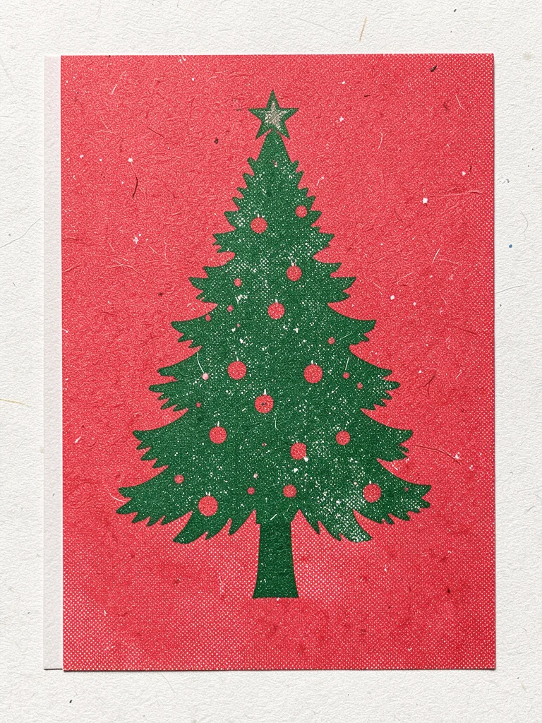 Risograph Christmas card in red and green, tree illustration, registration offse