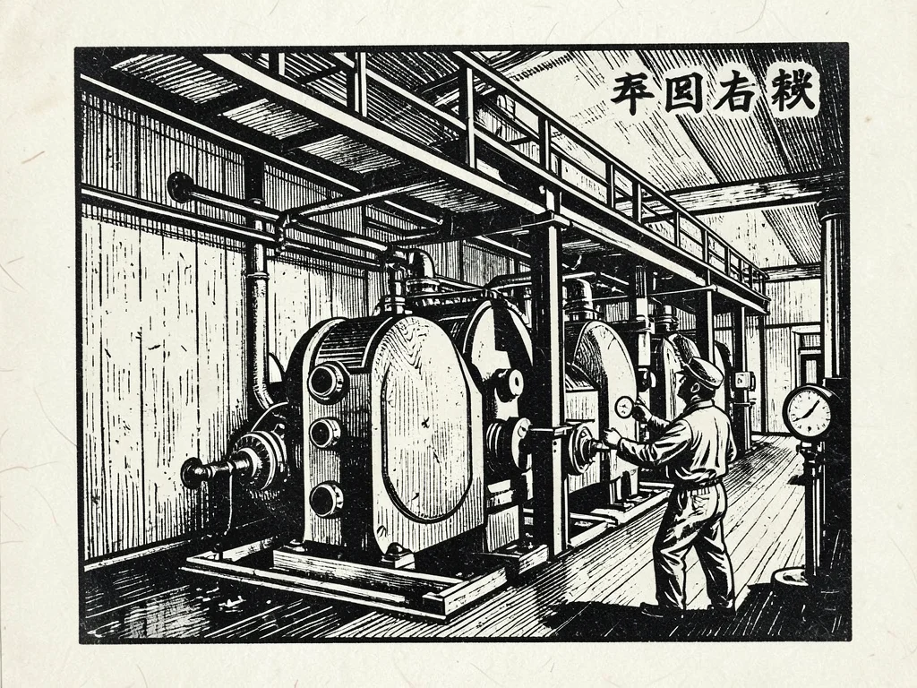 A hydroelectric turbine room — three massive generators in a row, catwalks above