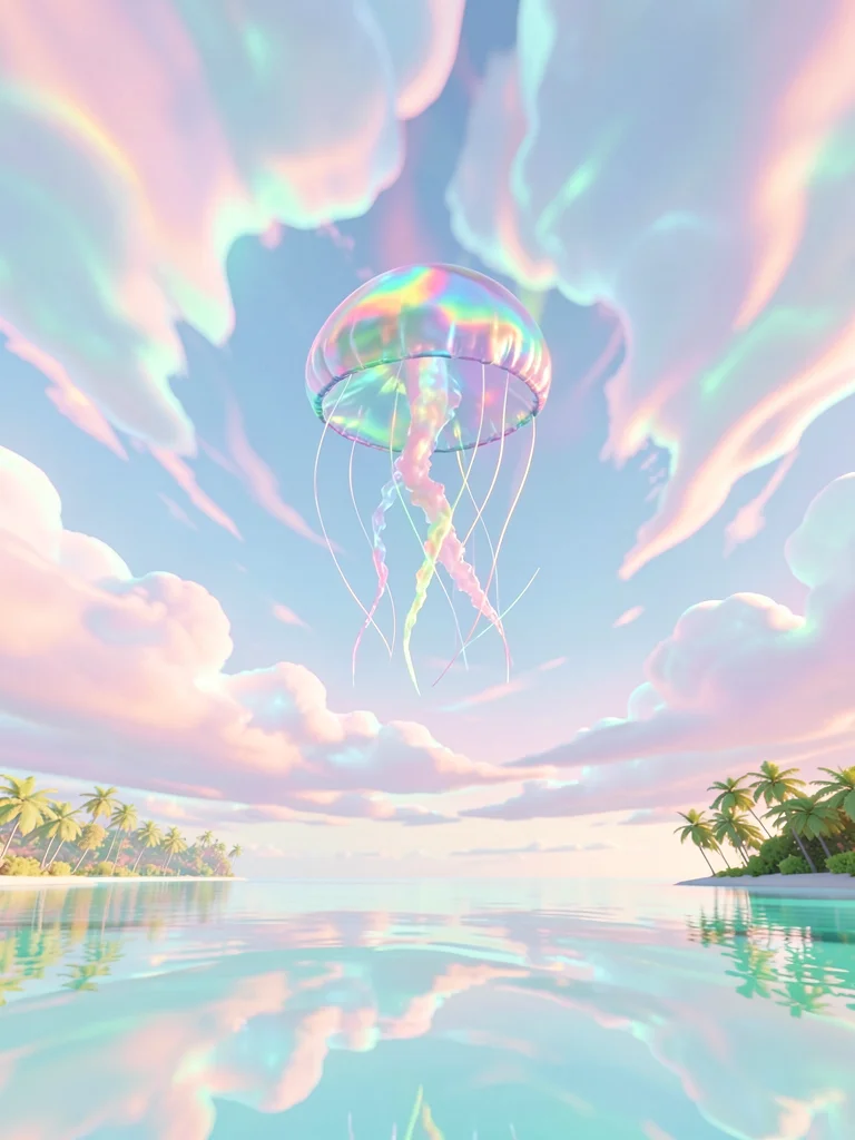 Iridescent jellyfish sculpture suspended in the air above a glassy aqua sea with