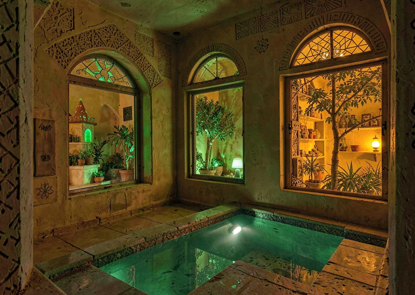 Colored light through qamariya windows in Sana'a, Yemen, green and amber qamariy