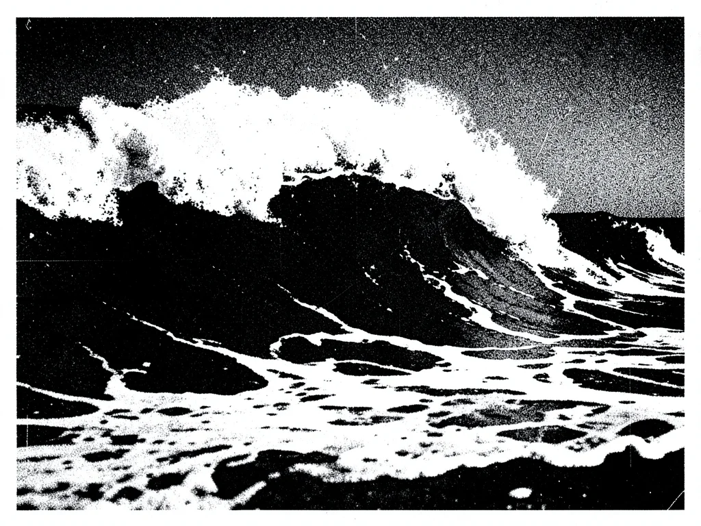 Ocean wave photocopied to pure two-tone: white foam and black water, all gradati