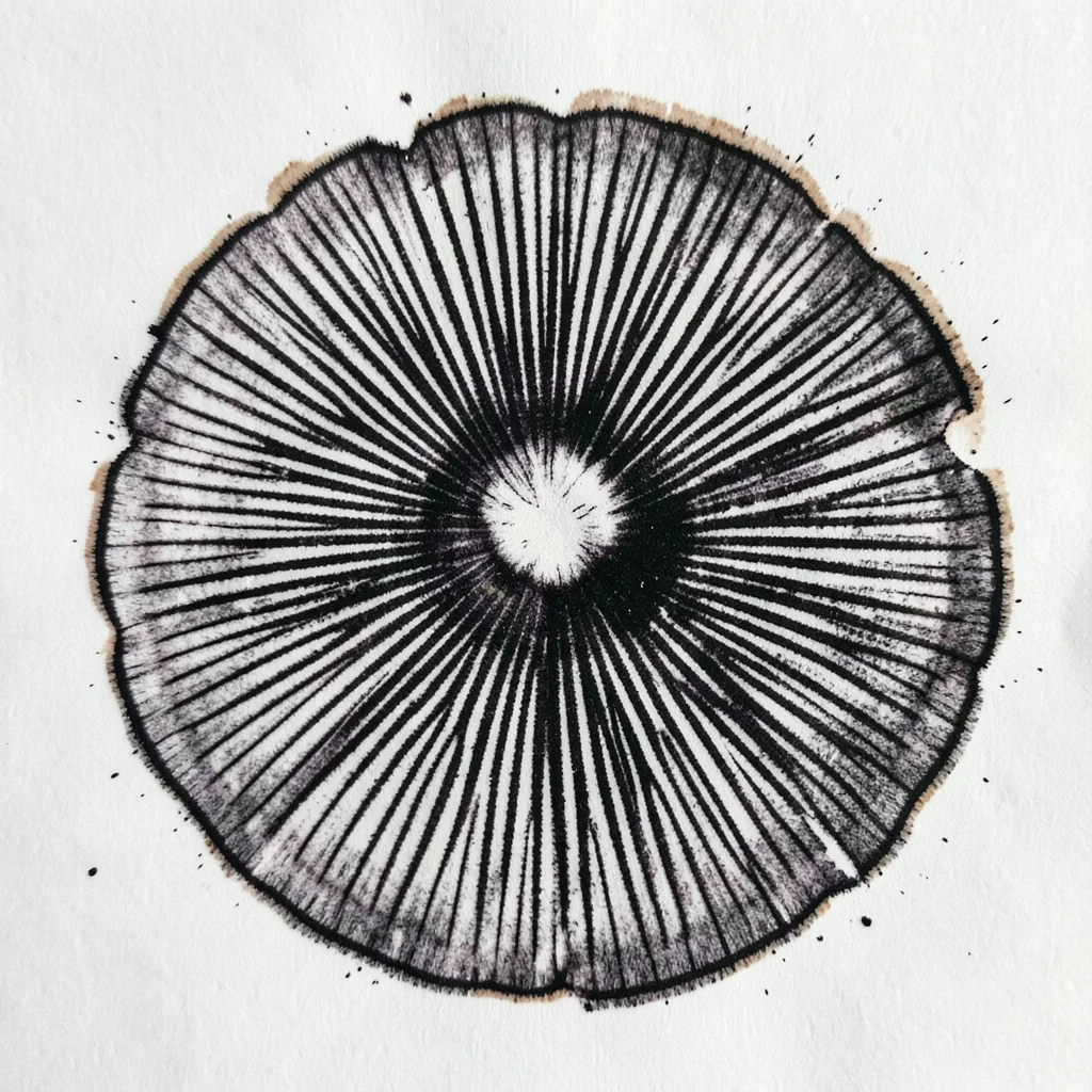 Black Coprinus spore print, intense dark deposit with individual gill lines shar