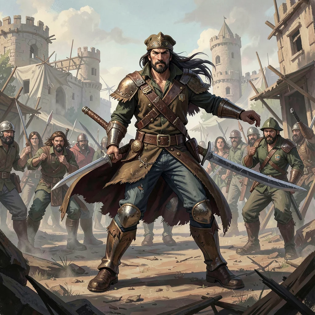 Video game concept art illustration, a rebel leader rallying troops, makeshift f