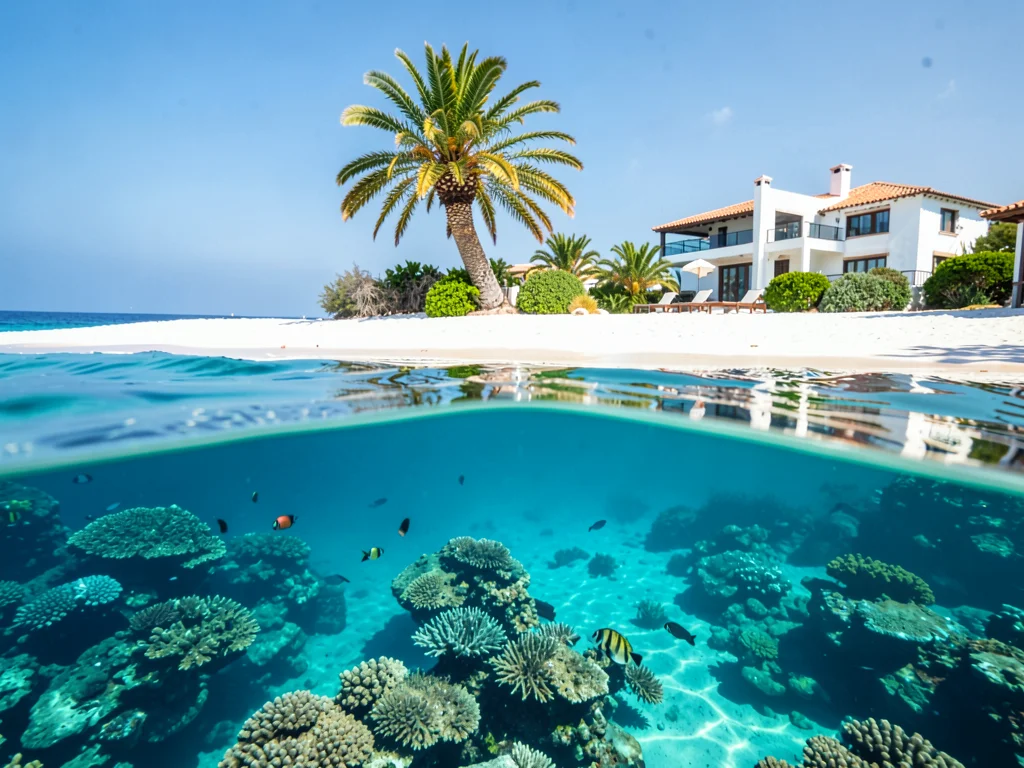 Coral reef ecosystem below, pristine white sand beach and palm tree above the wa