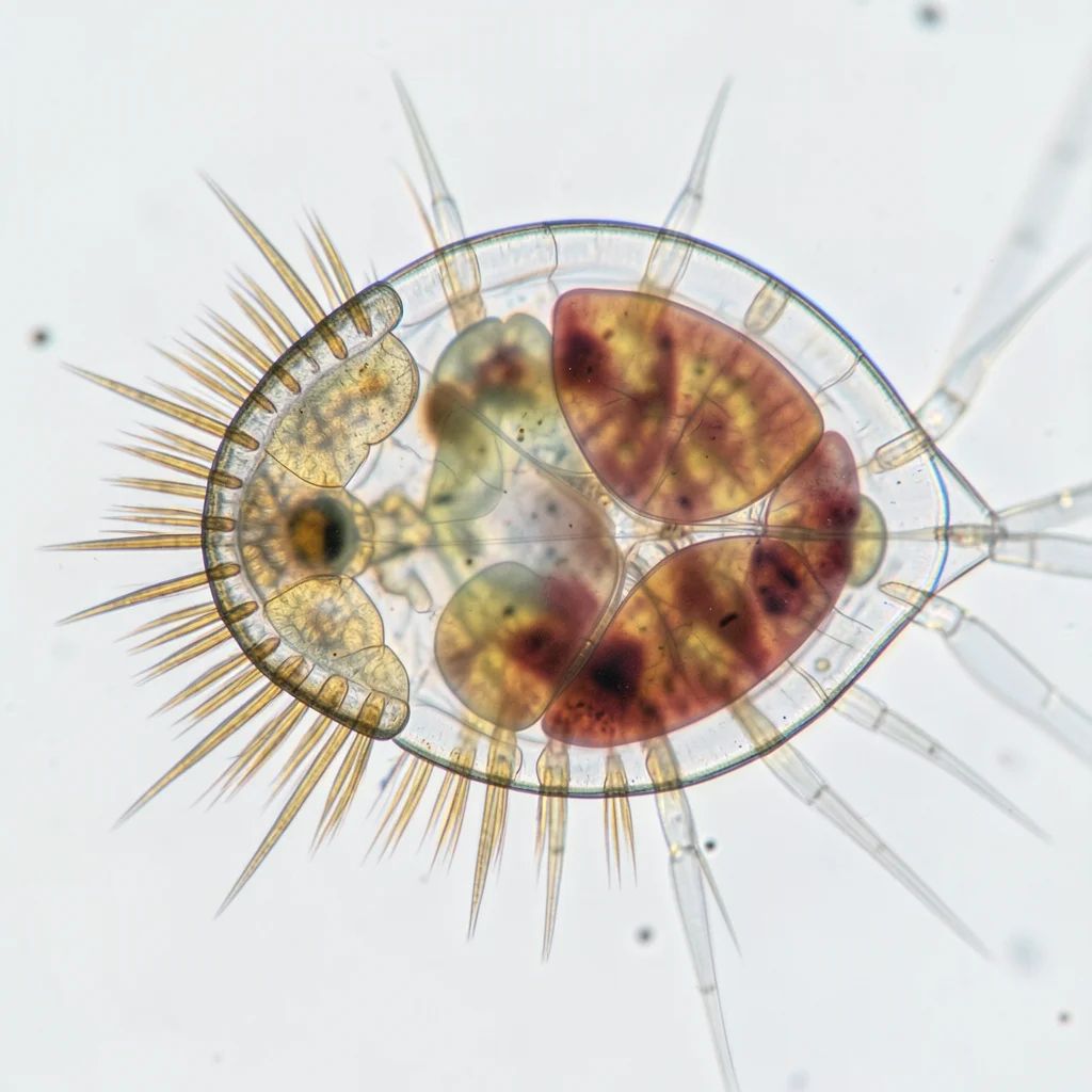Rotifer in brightfield, transparent body revealing internal organs, master wheel