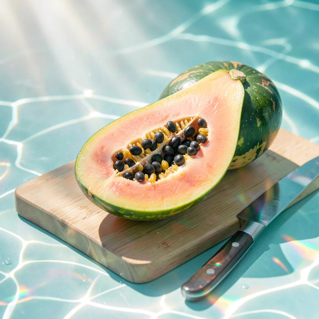 Soft diffused tropical light filtering through water vapor, A papaya sliced leng