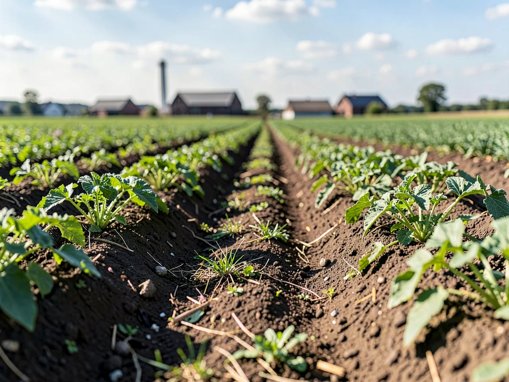 Farm field from near furrow to far buildings