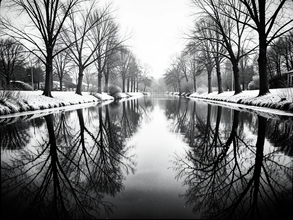 Bare winter trees reflected in a still canal, the reflection as detailed as the 