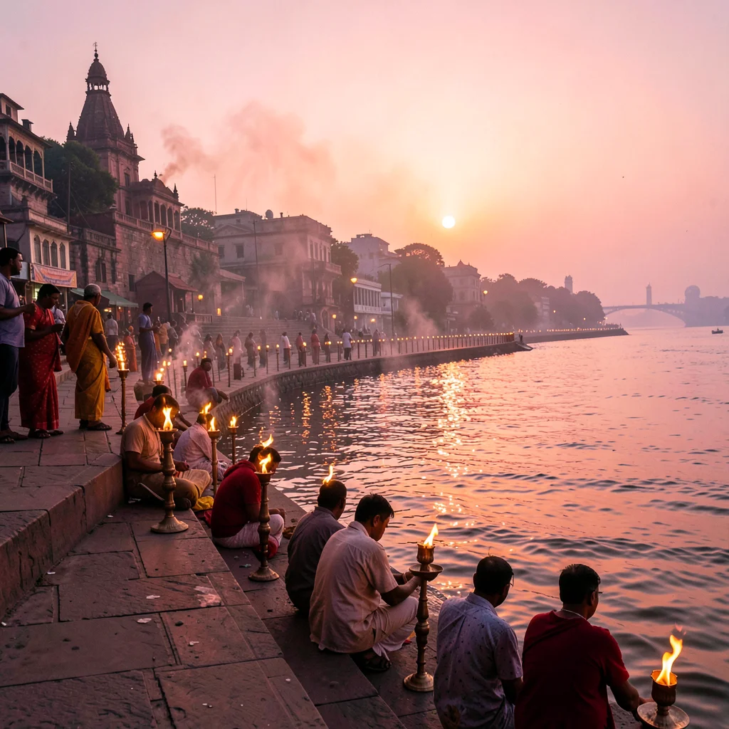 Varanasi ghat dawn, Ganges pink-gold light, row of oil lamps lit along water edg