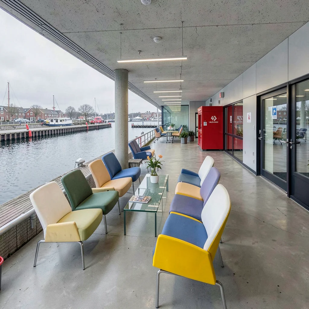 Danish design infrastructure, hygge mechanics, Ferry terminal waiting area, rows