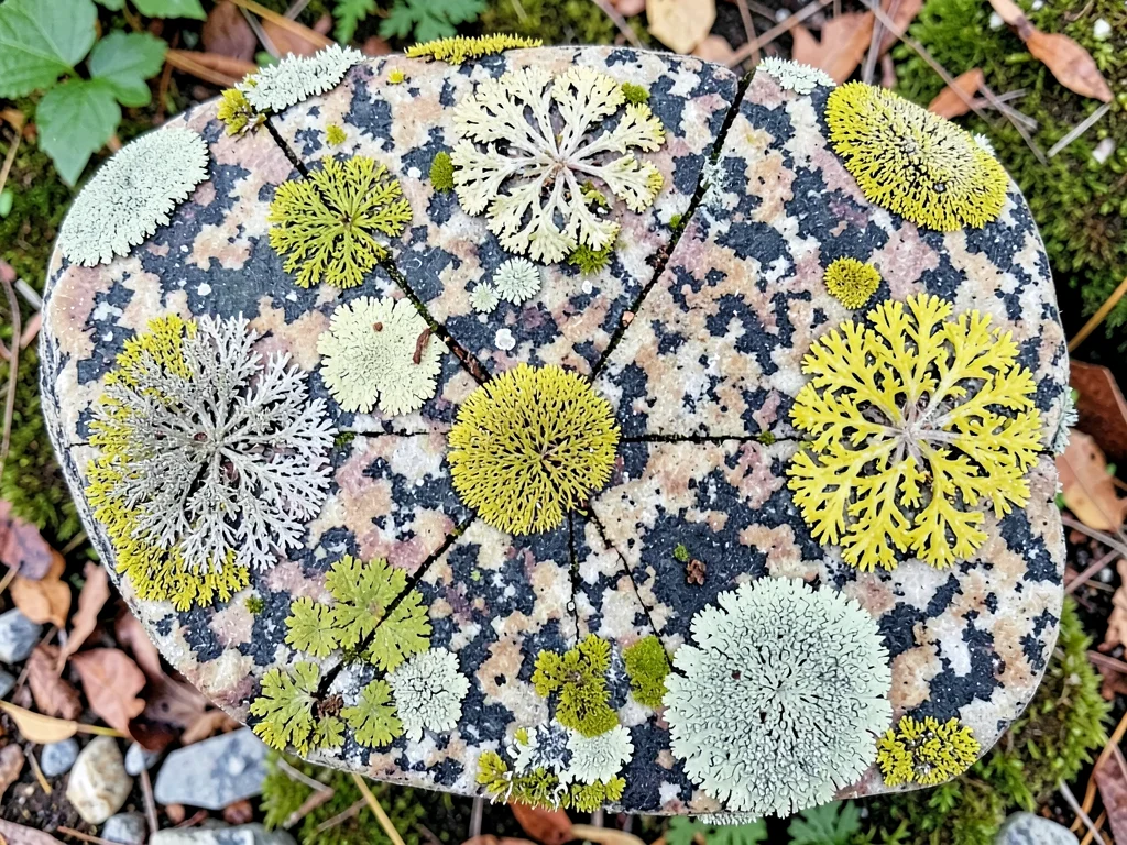A granite sample covered in three distinct lichen species, territories meeting i