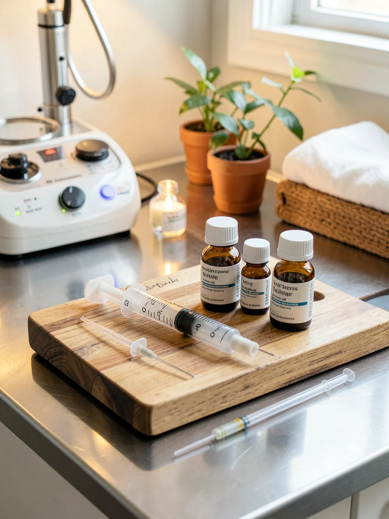 Syringe and vials arranged on wooden cutting board, medical mise en place aesthe