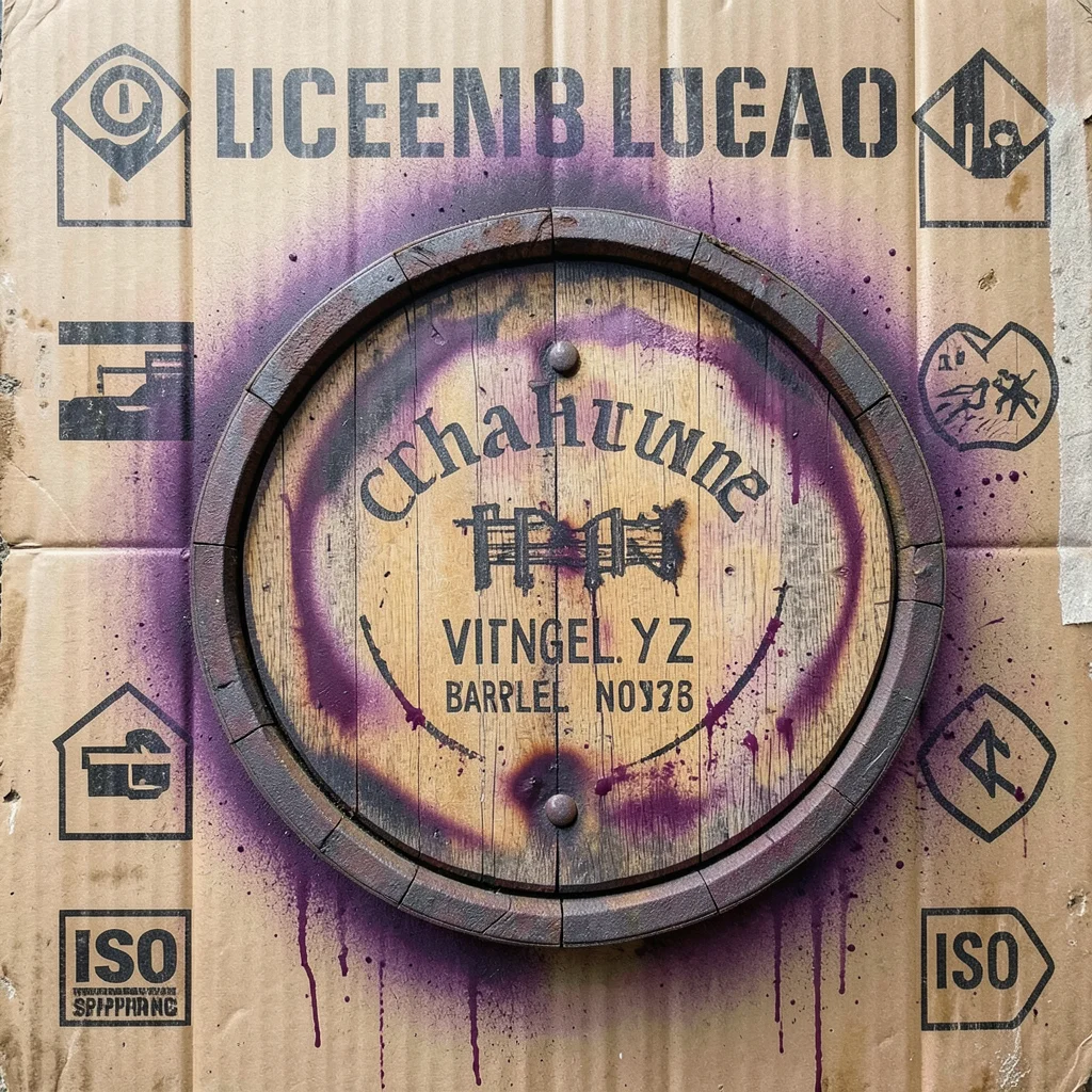 A wooden wine barrel end with a burned brand mark — chateau name, vintage year, 
