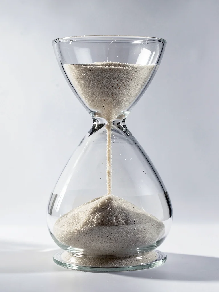Hourglass with sand mid-flow, time through glass, temporal transparency