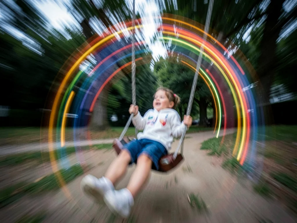 Child on swing becoming arc of motion blur at peak of back-swing