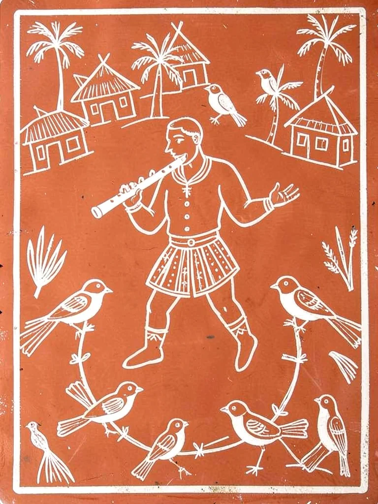 Single figure playing a tarpa flute — circular breath, birds gathering to listen