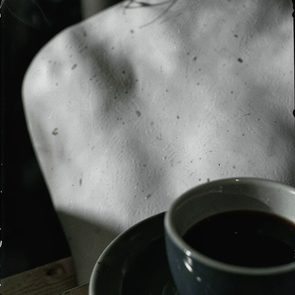 Coffee cup at bottom right corner barely inside frame boundary