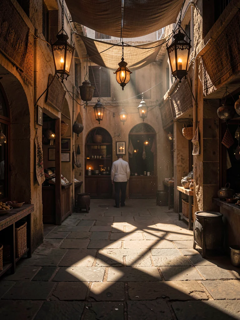 Hanging lanterns creating overlapping shadow geometry on stone floor, one lit wi