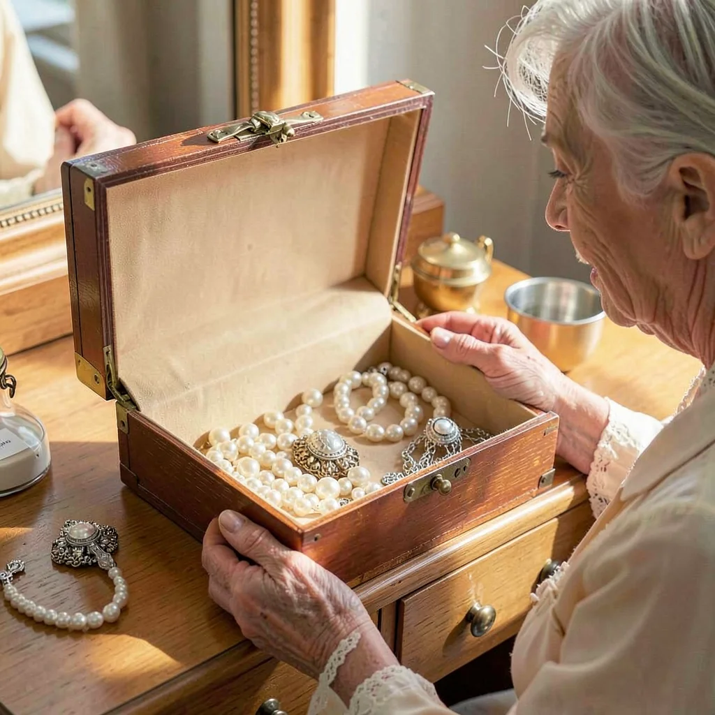 A grandmother's jewelry box left open on vanity, pearls and brooches catching li
