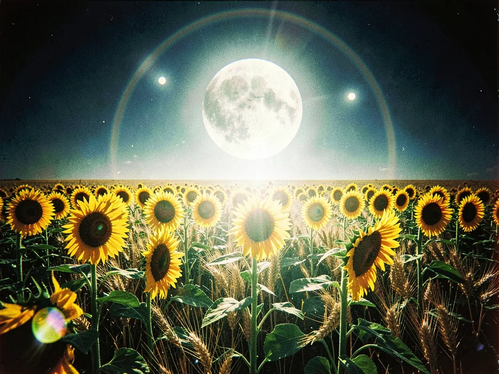 Field of giant sunflowers turning their faces toward a moon that is brighter tha