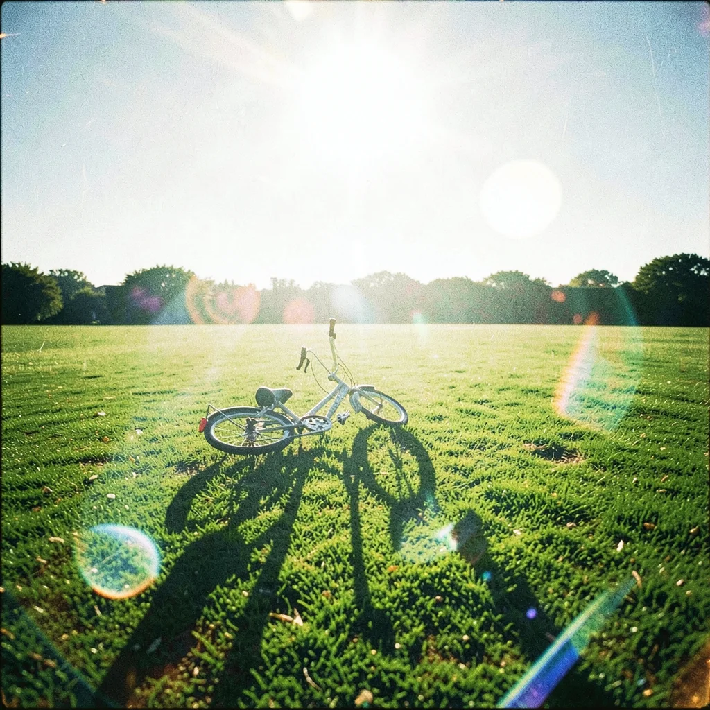Bicycle abandoned on a perfectly trimmed lawn with two long mirrored shadows rea