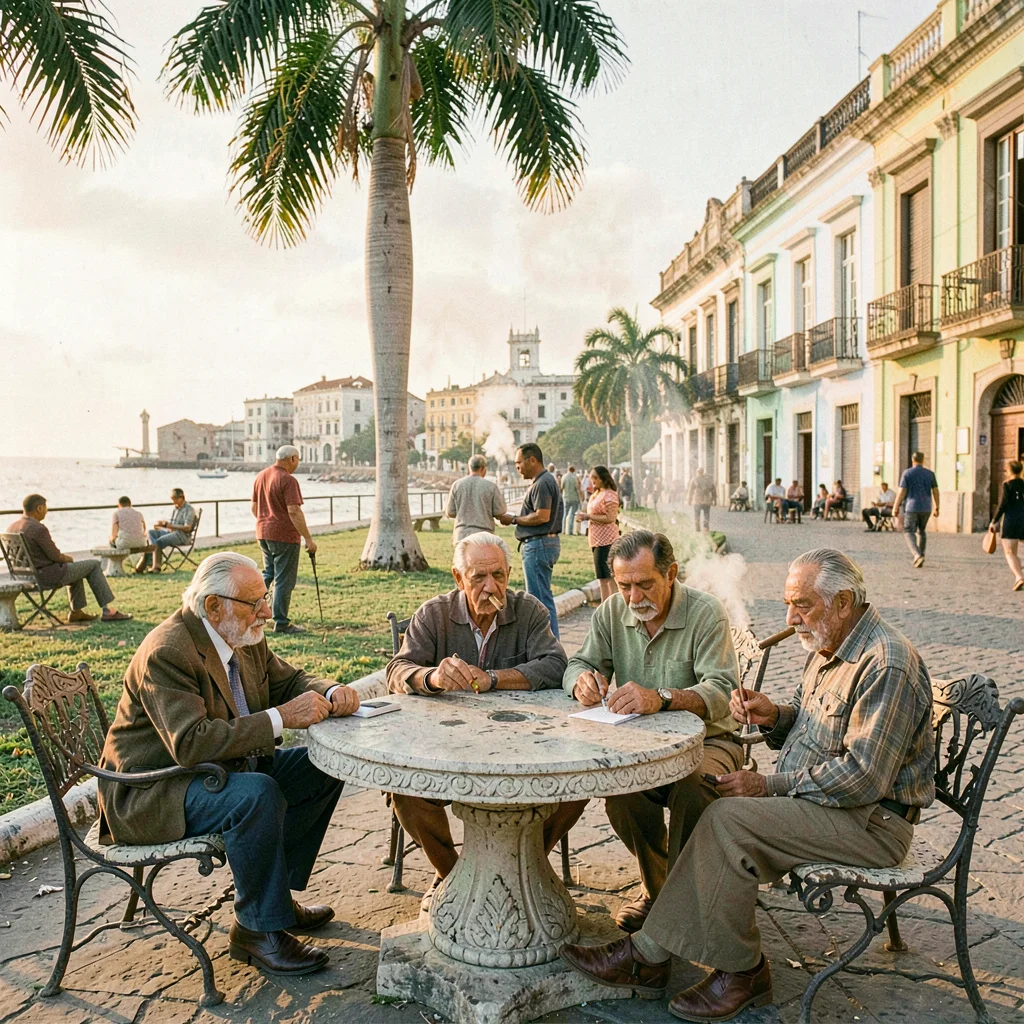 Faded pastel decay of Havana, Cuba, Domino players in park, old men at stone tab