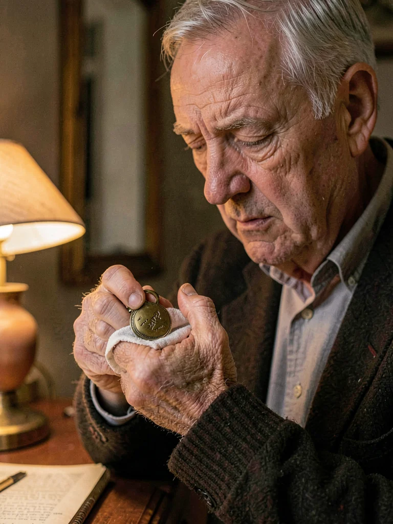 A grieving Scandinavian widower in his sixties polishing a small brass locket wi