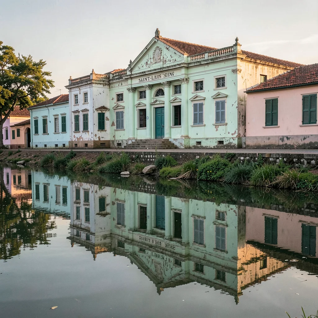Soft morning light on faded colonial pastels, Saint-Louis Senegal, Colonial buil