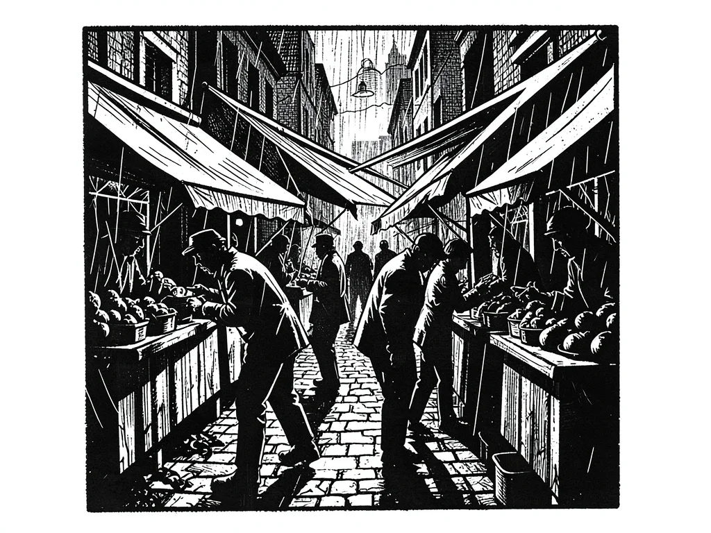 Market stalls in the rain, awnings as slashing lines, figures hunched