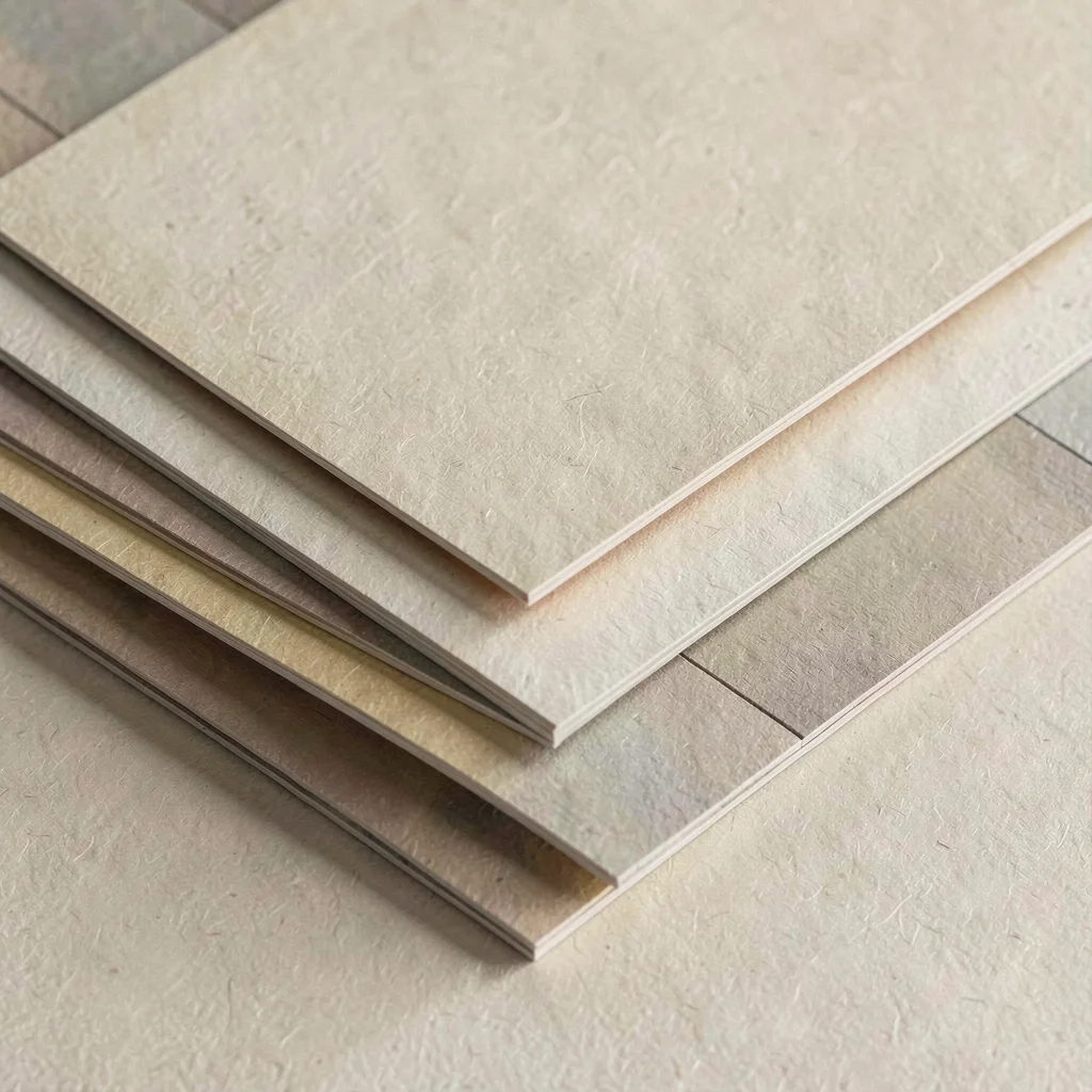 A card-deck perspective-stack layout of cards arranged in tiered depth on a pape