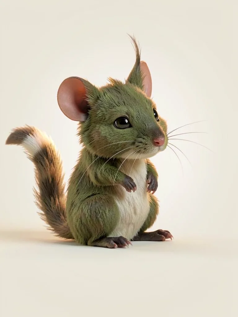 A whiskery mousey familiar peeking shyly from behind its own tail, single ear fl