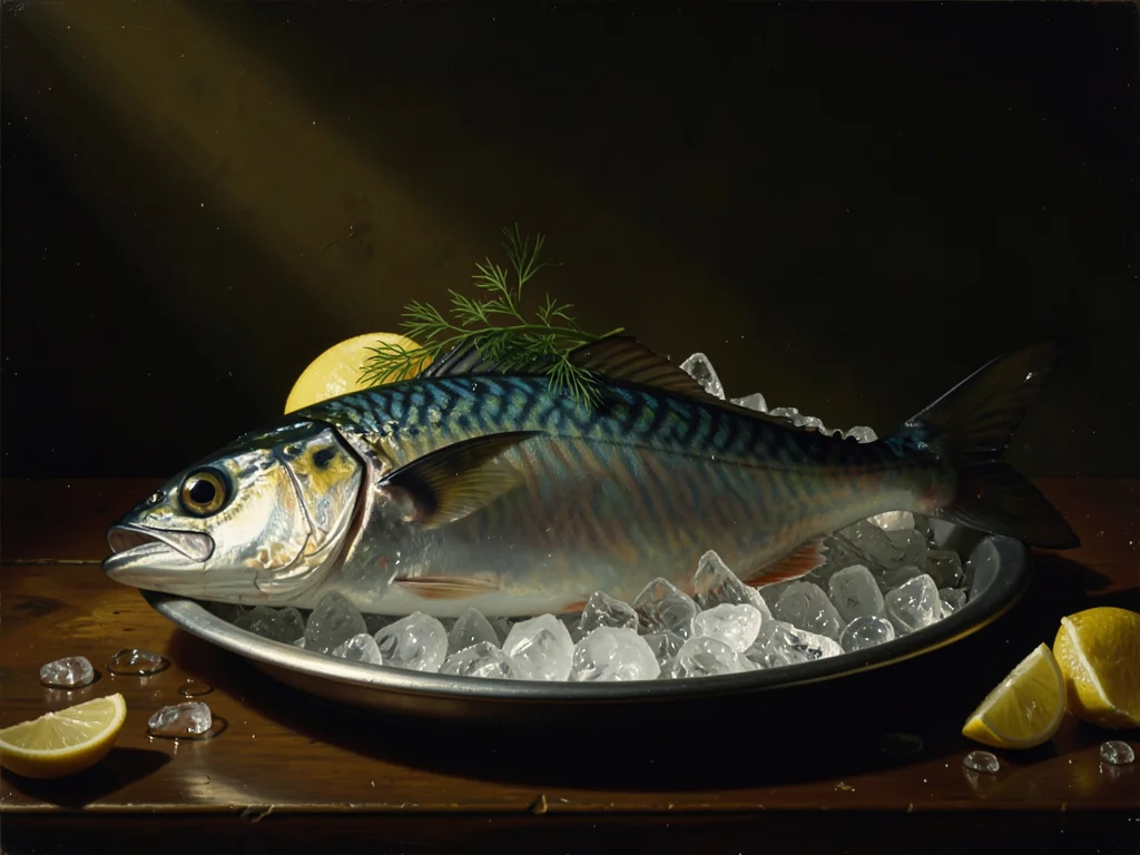A market fish arranged on crushed ice on a steel tray — a whole mackerel with ir