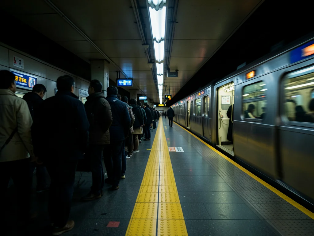 A Tokyo platform: precise yellow safety line, commuters in a perfect row, the tr