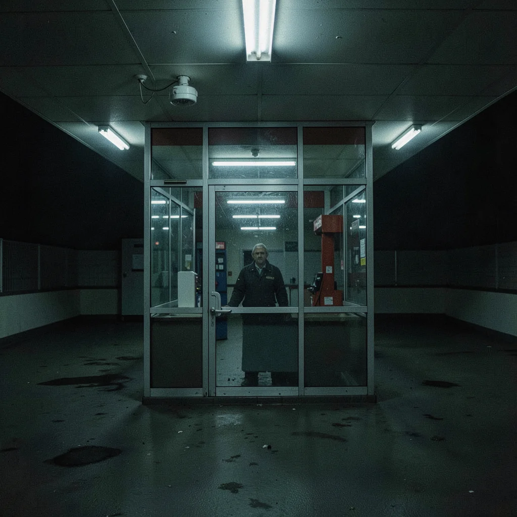 Empty 24-hour gas station at 3am with one attendant behind glass