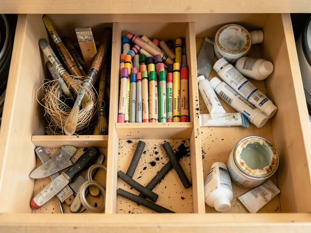The interior of an artist's supply drawer viewed from above, a shallow drawer di