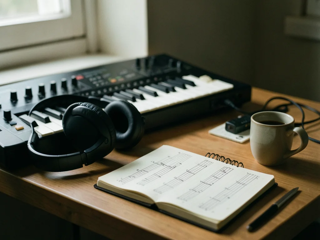 A musician's workspace: headphones draped over a synthesizer, a notebook with ch