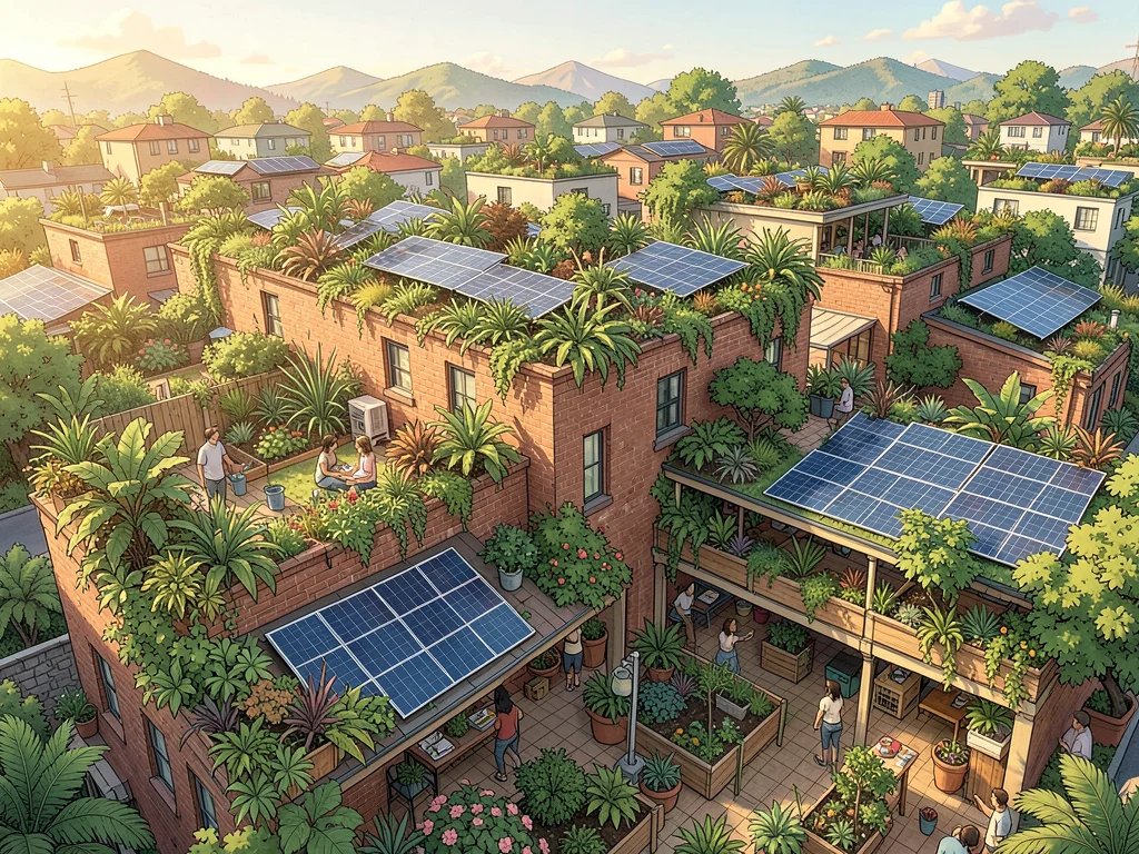 Broad aerial-perspective of a neighborhood block where every roof holds a garden