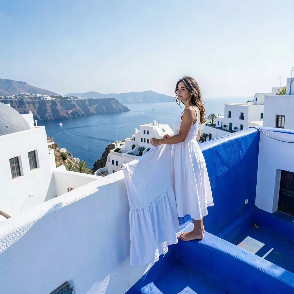 Sidi Bou Said cobalt-white, cliff-top absolute palette, Young woman in white dre