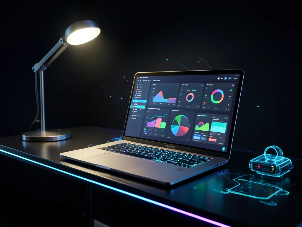 Laptop on a sleek desk displaying colorful dashboard analytics, ambient desk lam