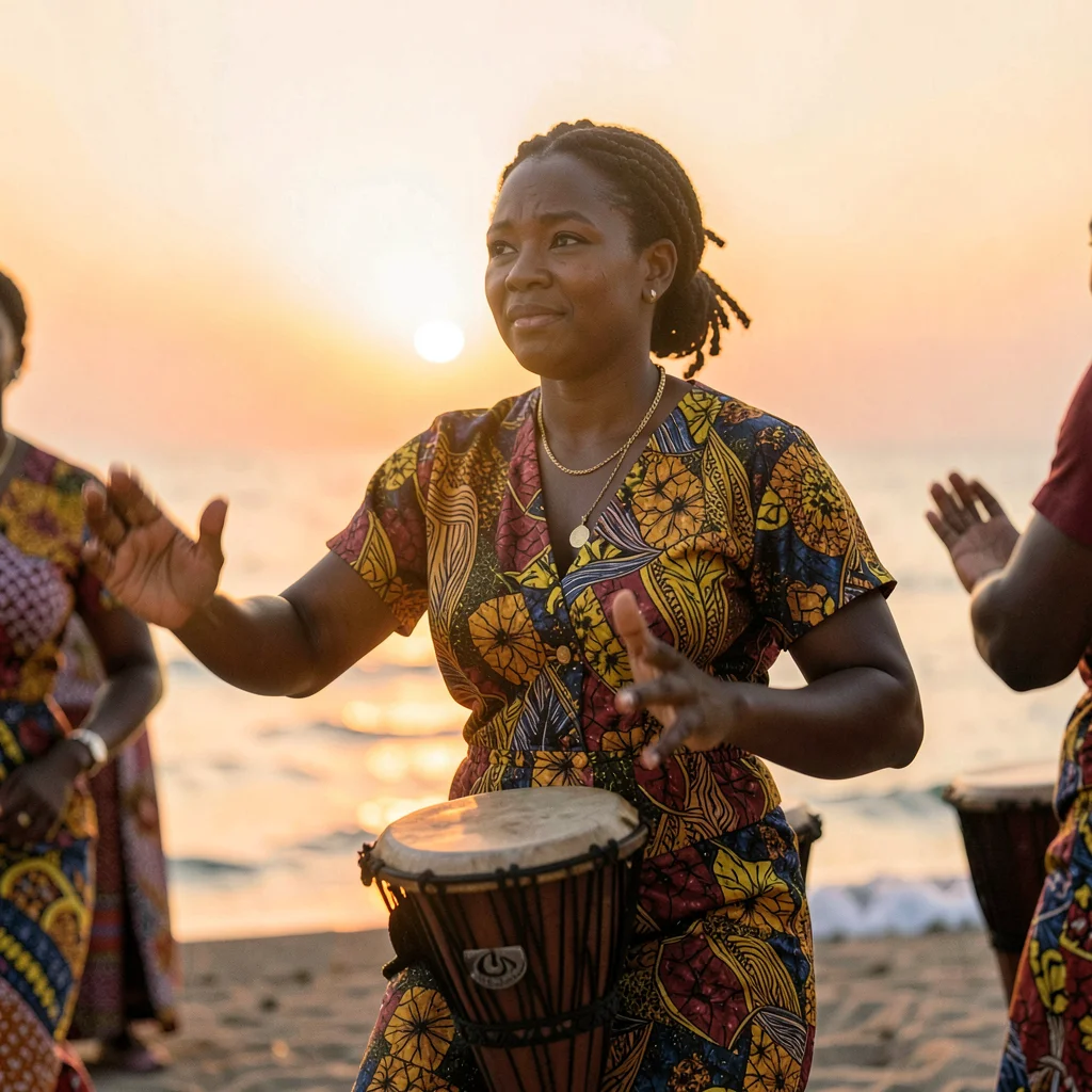 Peachy golden Dakar sunset light through sea haze, Female djembe drummer at cere