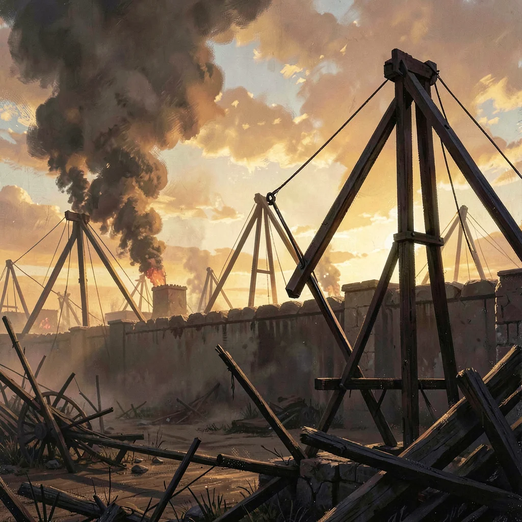 Painterly siege scene with trebuchets silhouetted against a smoking wall, dramat