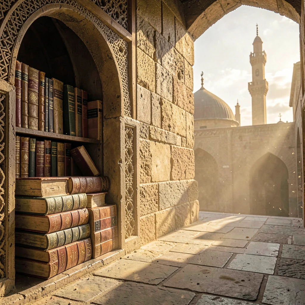 Islamic Cairo geometry, medieval city light, old books stacked in alcove, leathe