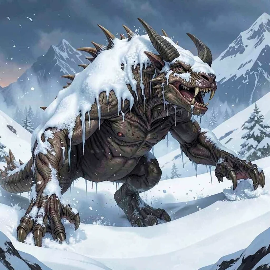 Fantasy creature illustration, an arctic ambush predator camouflaged as snow dri