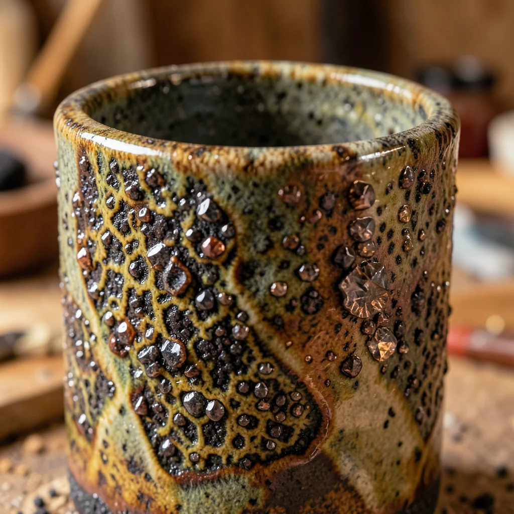 Handmade ceramic whiskey tumbler with ash glaze, warm tones, workshop feel