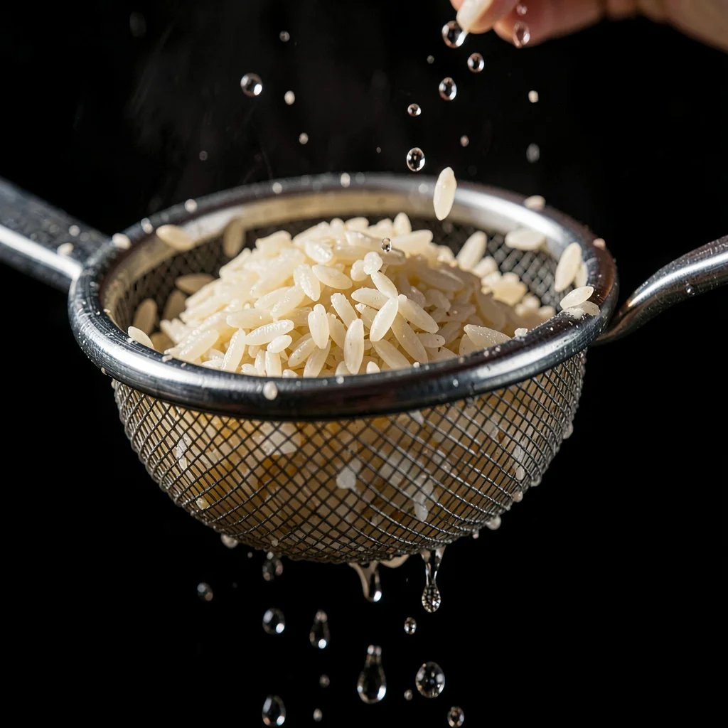 Macro-leaning composition of a steel sieve rinsing rice, droplets caught against