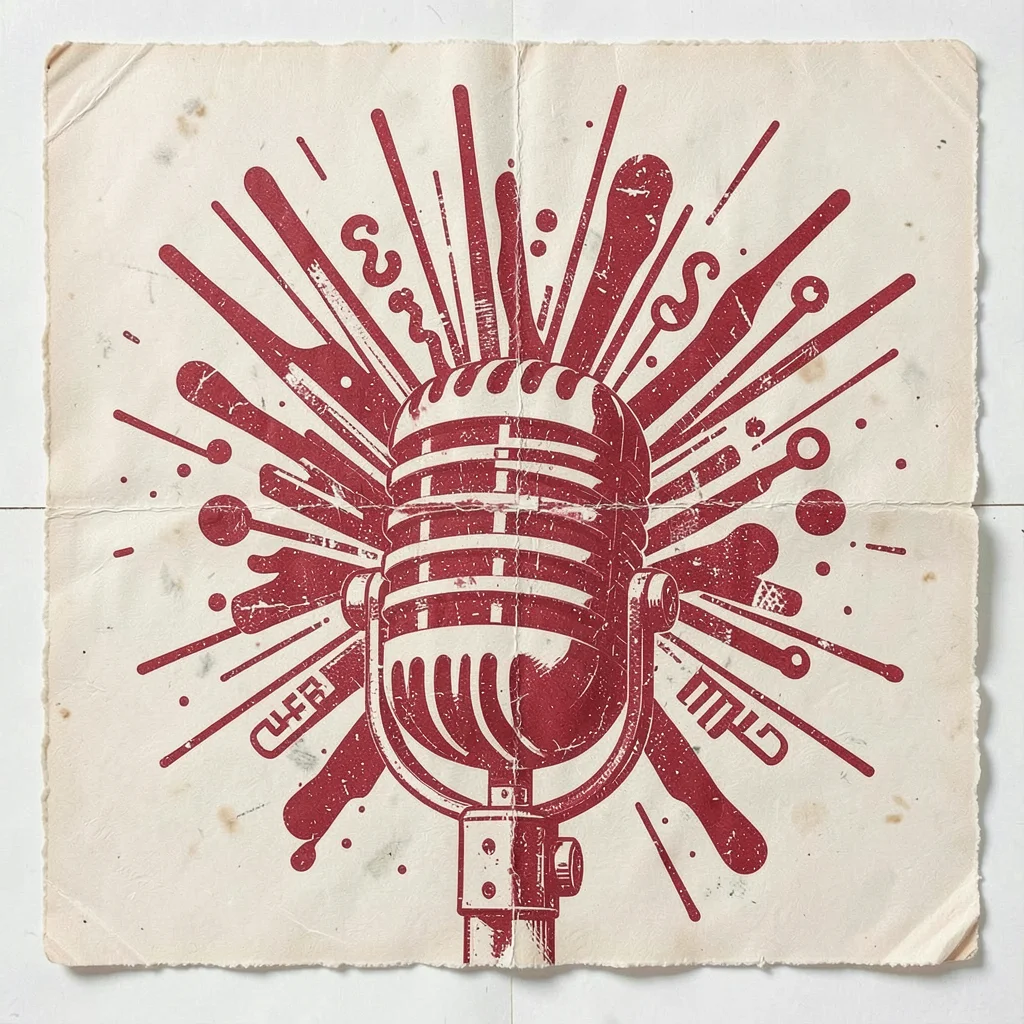 Screenprint of a microphone bursting with abstract sound shapes, cherry red on b