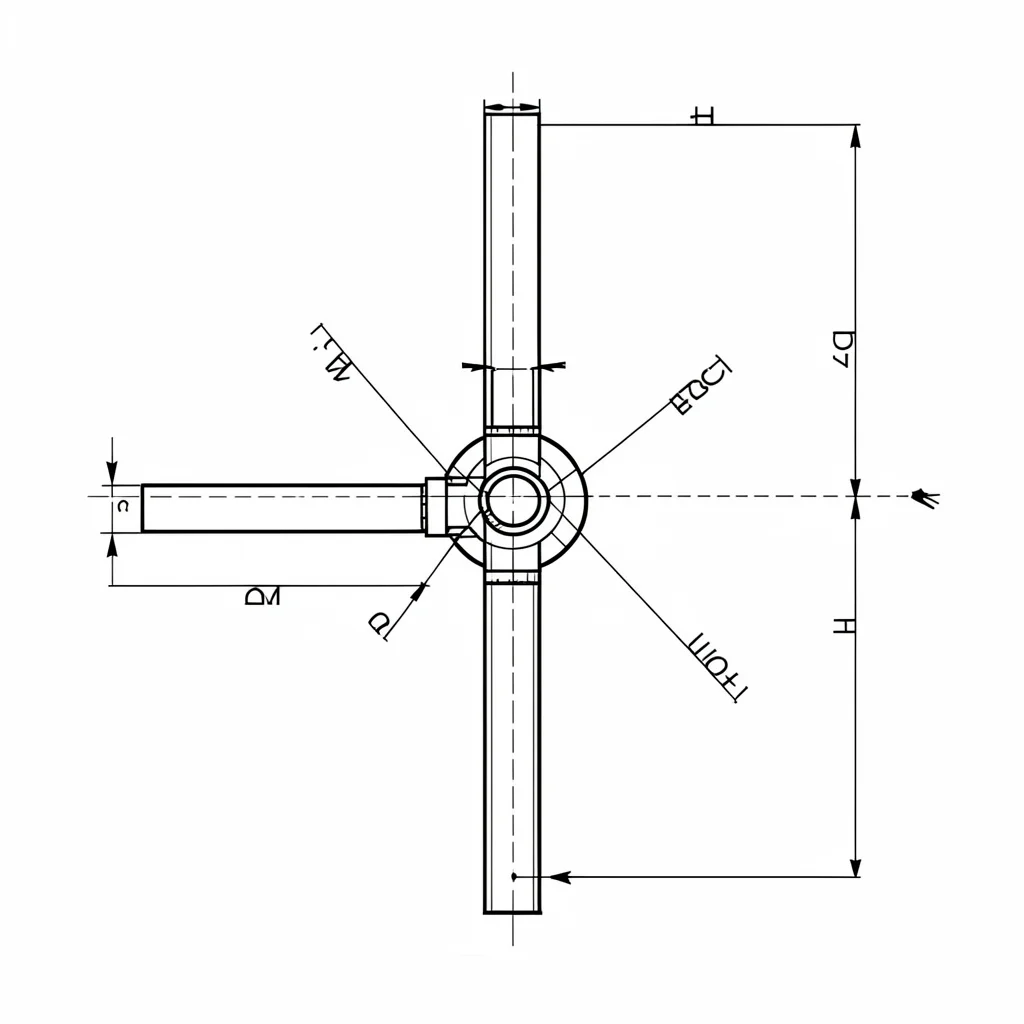 Engineering schematic of an irrigation drip line junction, dimension arrows and 